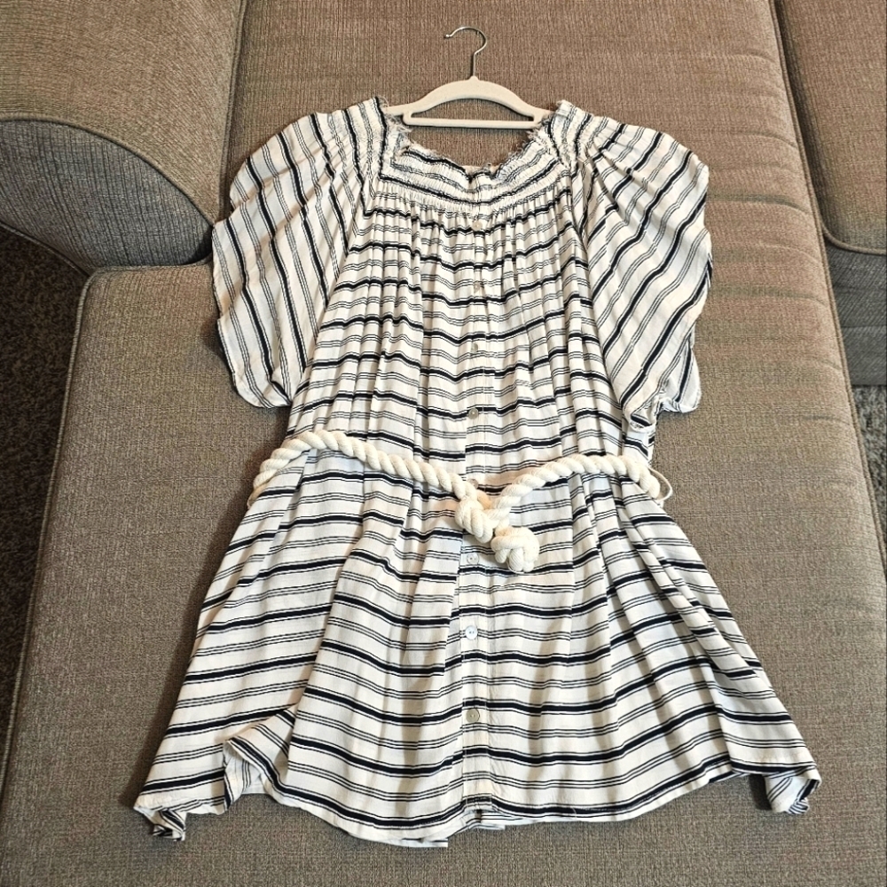 Faithfull the Brand White Striped Beach Boho Casual Tunic Top with Rope Large